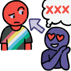  a purple person looking at a red person. The red person wears a disability pride flag shirt and looks confused. The purple person has their hands clasped and has heart eyes, and is thinking of three X's.